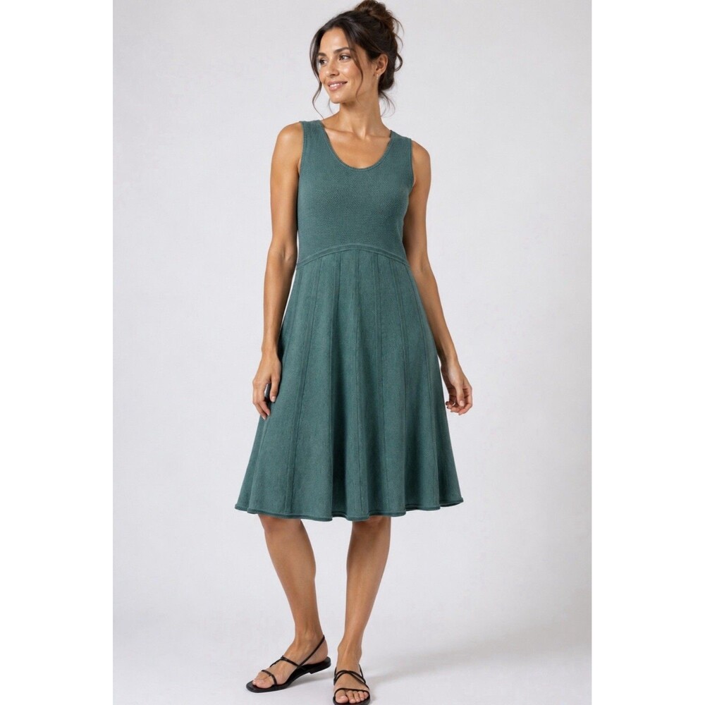 Peruvian Connection Teal Knit Sleeveless Sweater Dress Textured midi A line sz M